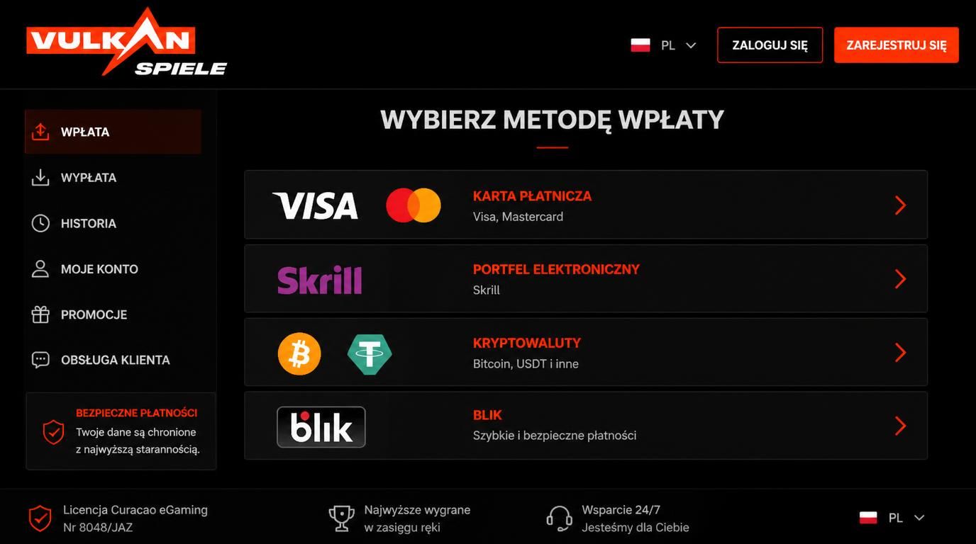 Ekran z metodami wpłaty w Vulkan Spiele zawierający karty, portfele elektroniczne, kryptowaluty i BLIK