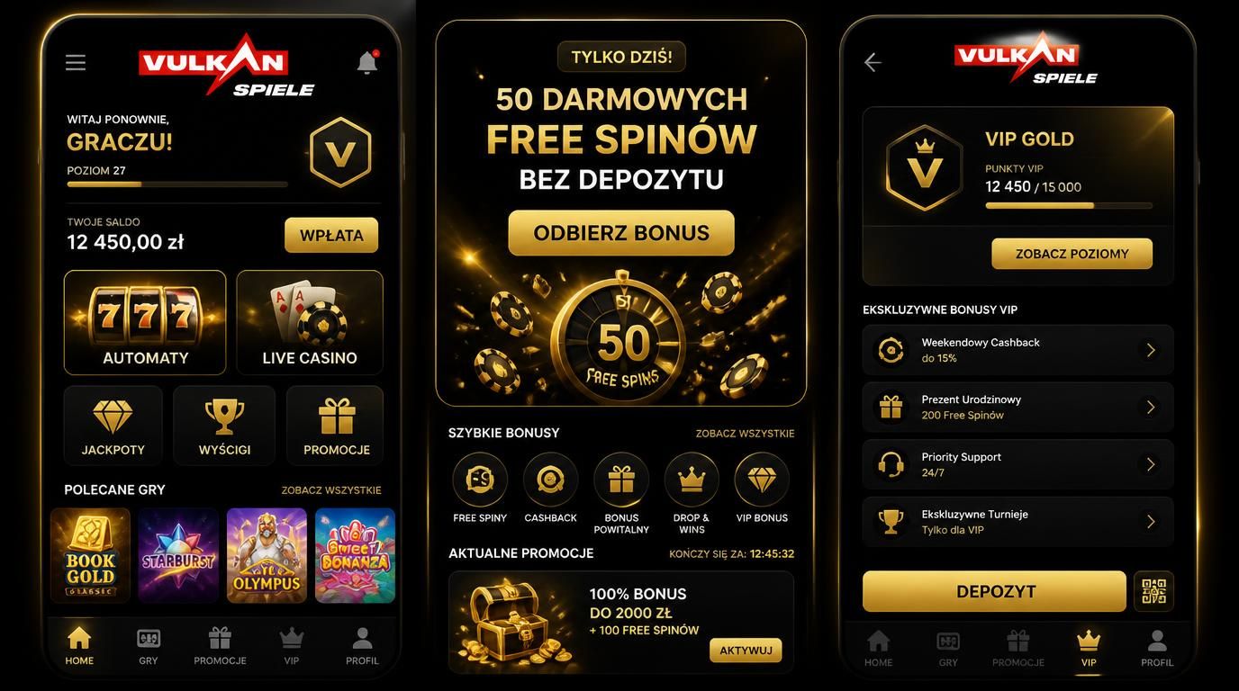 Interfejs aplikacji Vulkan Spiele z ciemnym tłem, złotymi akcentami i wyróżnioną sekcją promocji