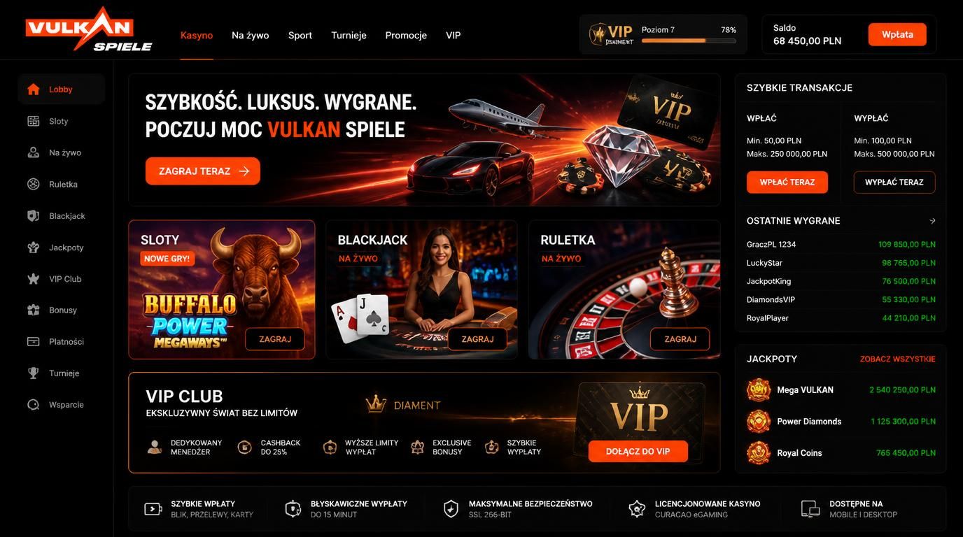 Funkcjonalny ekran aplikacji z ofertą VIP, dużymi limitami i szybkim dostępem do gier