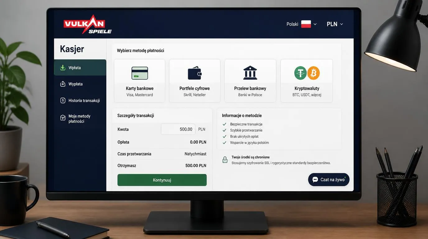 Panel kasjera w języku polskim z walutą PLN, wyborem metod płatności i przyciskiem czatu