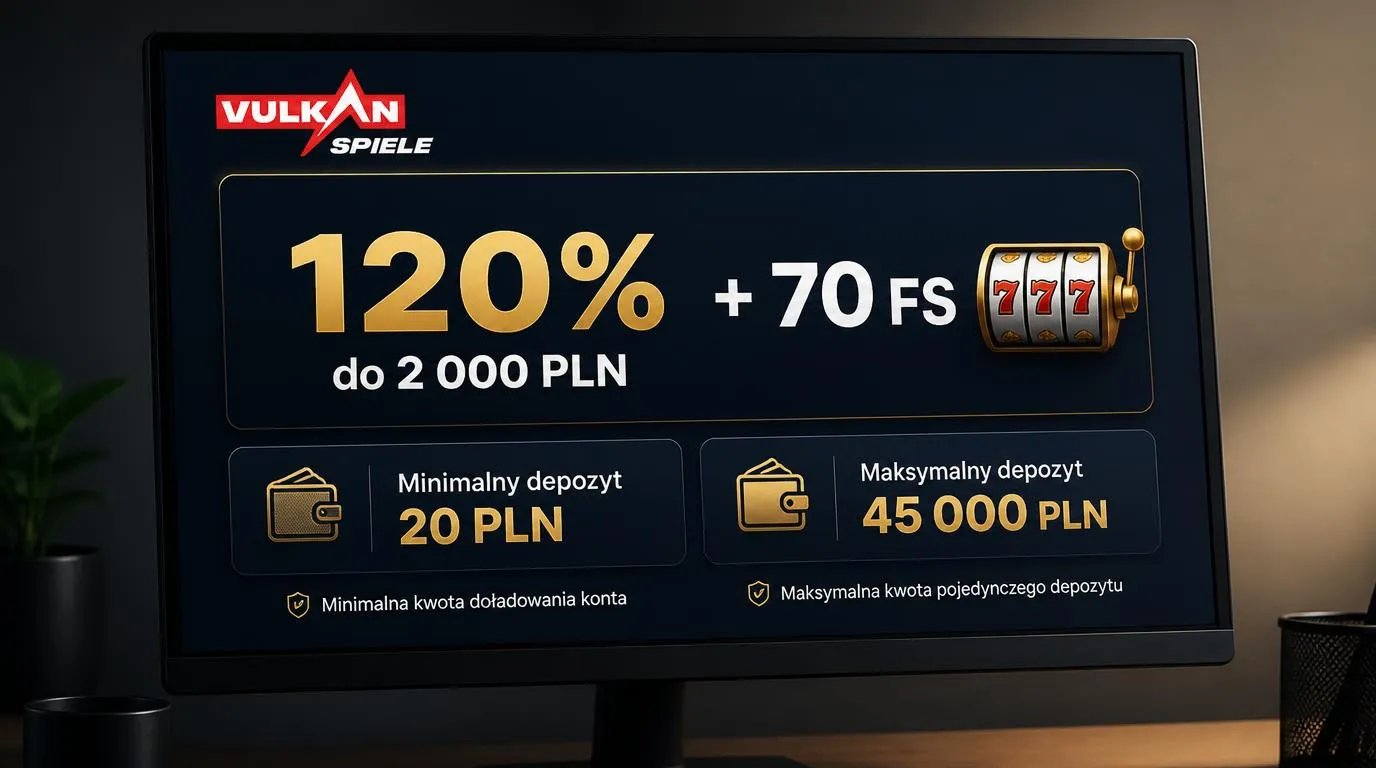 Panel bonusu powitalnego z ofertą 120% do 2 000 PLN, 70 darmowymi spinami i limitami depozytu